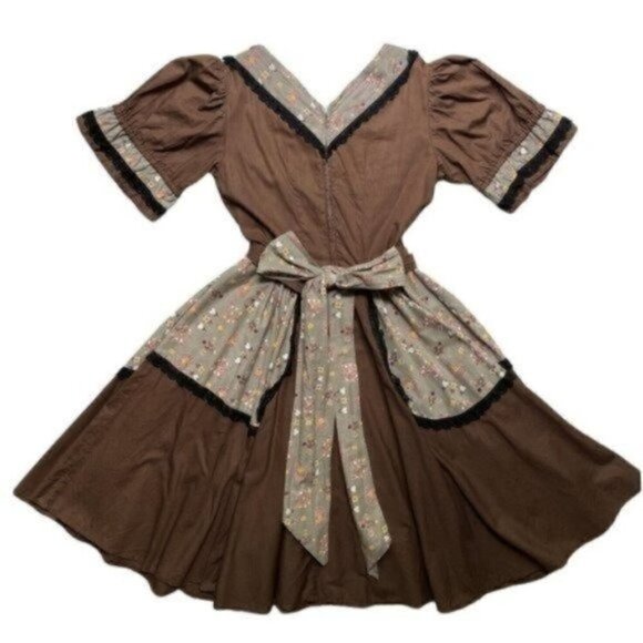 60s VTG Cottage Core Prairie Core Square Dance Brown Floral Hearts Dress Women’s - Picture 2 of 12